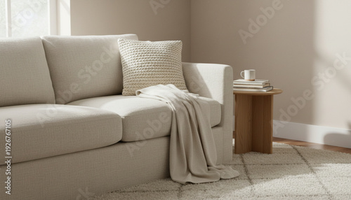 Cozy modern living room with beige sofa and wooden side table