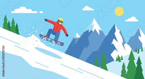 Illustrated snowboarder in a red jacket and yellow helmet energetically rides down a snowy mountain slope with a backdrop of peaks and pine trees on a sunny day