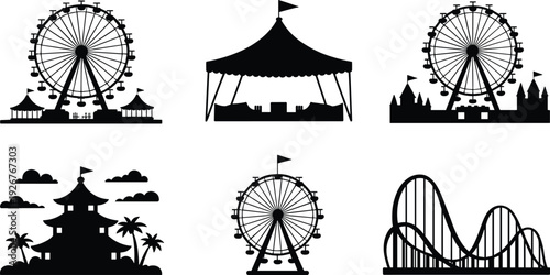Amusement park silhouettes with Ferris wheel, circus tent, roller coaster artwork, fairground decorative design, carnival motif, entertainment theme illustration