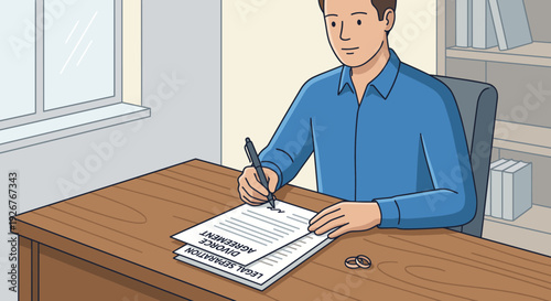 Serious man in a blue shirt signs a legal separation and divorce agreement document at a wooden desk, with two wedding rings placed beside the papers
