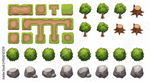 Game environment asset collection. Includes grass tiles, dirt paths, trees, tree stumps, bushes, and rocks. Created in cartoon style with green and brown palette.
