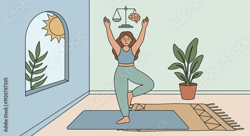 Cartoon woman in a yoga pose balances a scale with a brain, symbolizing mental health and mindfulness in a calm, sunlit room with a plant and window