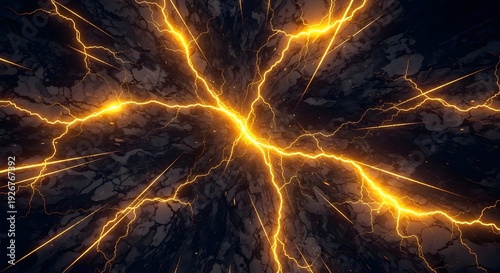 Electricity illuminates dark background with vibrant yellow lightning bolts