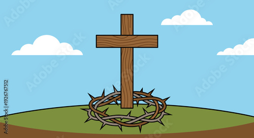 Wooden cross with a crown of thorns at its base stands on a green hill under a blue sky, symbolizing Christian faith and sacrifice in a simple flat vector illustration