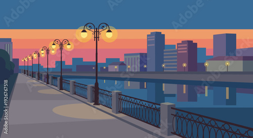 Vector illustration of a city embankment promenade with glowing vintage lampposts along a calm river reflecting the urban skyline during a colorful sunset