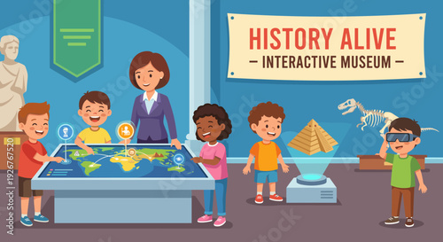 Group of diverse children with a teacher on a school field trip to an interactive history museum, using a touch screen map, VR goggles, and looking at holograms