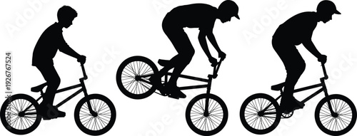 BMX rider silhouettes performing tricks, cycling jump sequence artwork, extreme sport illustration, dynamic motion design, freestyle biking decorative element