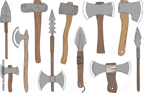 Stone Age Hunting Tools Vector Set  Primitive Crafting and Life Equipment