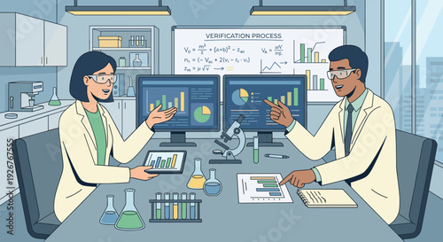 Two diverse scientists in lab coats collaborating on research, analyzing data with charts and graphs on computer screens in a modern laboratory