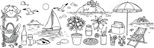 Italian Amalfi summer vacation doodle style illustrations. Vector ink hand drawn Italy coast sea, lemons, wine and food elements. Sea weekend rest prints for invitation card to beach party or picnic