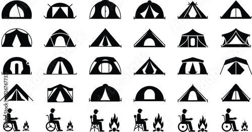 Camping tents and outdoor activity silhouettes set, inclusive recreation vector artwork, nature design graphics, adventure icons collection, travel symbol
