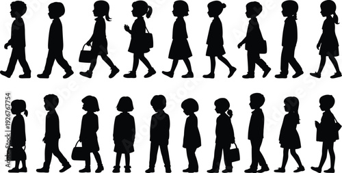 Children walking silhouettes illustration set, school kids vector artwork, pedestrian design graphics, childhood icons collection, educational lifestyle symbol