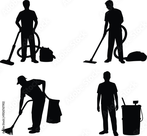 Cleaning service silhouettes, janitorial workers vacuuming sweeping trash removal, housekeeping staff tools equipment hygiene sanitation professional maintenance vector illustration