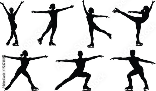 Figure skating silhouettes on ice, athletes performing elegant moves, dynamic sport illustration, graceful skating artwork, winter performance decorative design