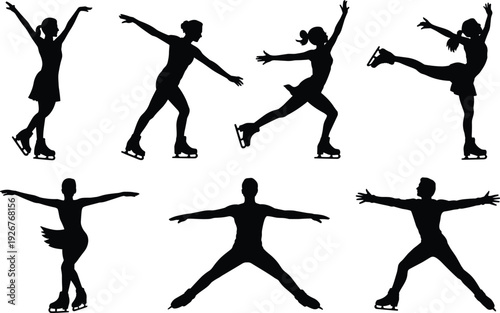 Figure skating silhouettes, athletes performing spins jumps poses, ice skating sport illustration, graceful movement, competitive performance, artistic winter sports vector