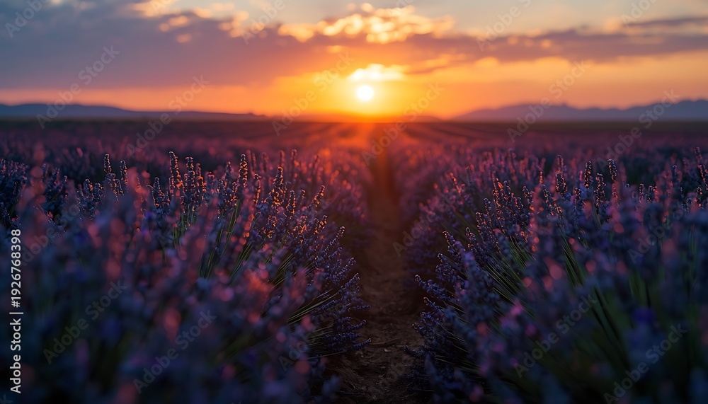Obraz premium A serene lavender field at sunset with a dirt path leading to the horizon