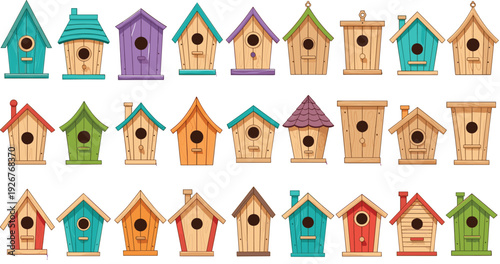 Colorful Birdhouse Vector Set Featuring Wooden Nesting Boxes for Garden Decoration, Backyard Birds, Nature Projects, Children Illustrations, and Outdoor Design Uses