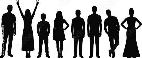 Group of diverse people silhouettes standing together men women and children full body black figures isolated on white background diversity community concept