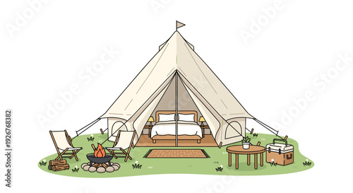 A luxury glamping setup featuring a large cream bell tent with a bed inside on a green lawn with a campfire and wooden outdoor furniture.