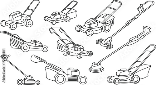Lawn care equipment silhouettes illustration set, gardening tools vector artwork, mower and trimmer design graphics, outdoor icons collection, yard work symbol