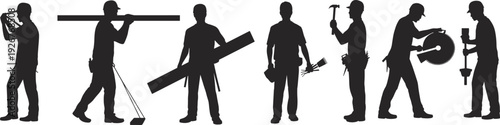 Large collection of black silhouettes featuring construction workers carrying timber using hammers saws and various building tools isolated on white background for industrial projects