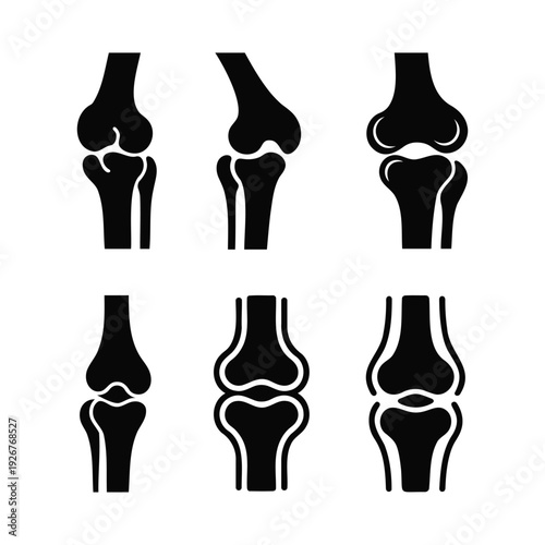 Set of black silhouette knee joint icons, diverse representations of human leg bone structure