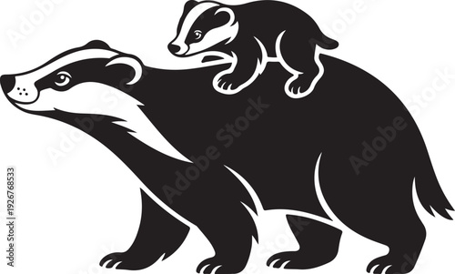 Minimalist Black and White Badger Family Vector Illustration with Cub