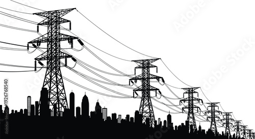 High voltage transmission towers and power lines over city skyline silhouette electricity distribution infrastructure isolated on white background urban energy concept