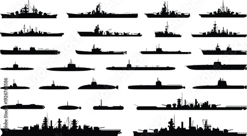 Naval ships and submarines silhouettes, military vessel artwork, battleship illustration design, maritime motif element, warship decorative artwork, fleet silhouette