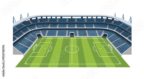 Interior view of a football stadium with a green grass pitch and multiple tiers of blue spectator seating under grey supports.