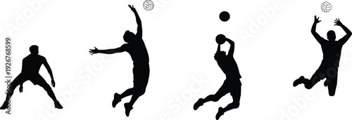 Large collection of black silhouettes featuring male volleyball players jumping spiking and setting the ball in active sports poses isolated on white background for competition