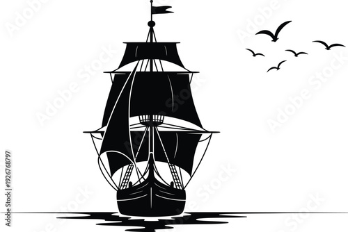 Sailing ship silhouette with reflection, nautical artwork design, maritime illustration element, ocean exploration motif, historic vessel decorative artwork