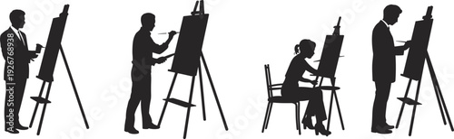Black silhouettes featuring male and female artists standing and sitting while painting on easels isolated on white background for creative hobby and art education