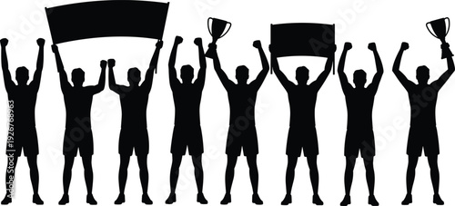 Team victory silhouettes with trophies, athletes celebrating artwork, sports achievement illustration design, unity motif element, competitive success decorative artwork