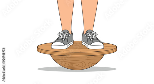 A person wearing grey sneakers stands on a round wooden balance board with a curved base for stability training and physical therapy.