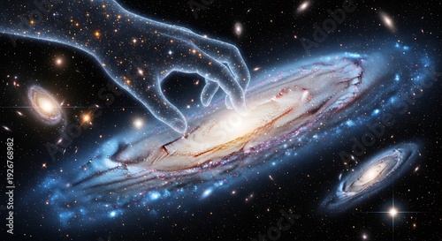 Cosmic creation: glowing hand touches galaxy amidst starry expanse.