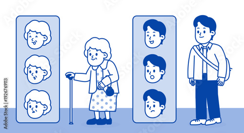 Young man and elderly woman with various facial expressions and emotions, vector illustration