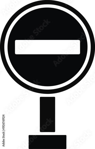 Black and white prohibition traffic sign with a horizontal white bar inside a circle on a pole isolated on transparent background
