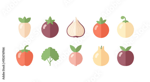 Flat vector illustration of various healthy fruits and vegetables icons set isolated on white background