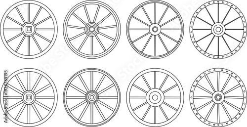 Vintage wagon wheel silhouettes, decorative spoke designs, rustic circular hub variations, antique cart wheels, mechanical illustration, traditional transport vector art