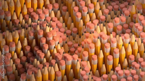 Wave of classic yellow wooden pencils with erasers. Concept of creativity, education, mass production, and organizational harmony. 3D render seamless loop animation