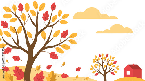 Autumn landscape with trees and house on a hill