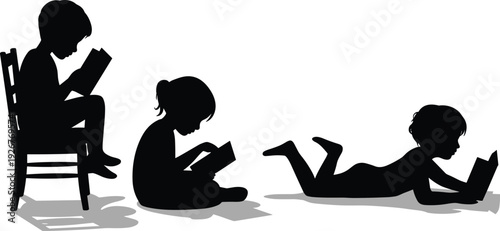 Black silhouettes featuring young children sitting on a chair and lying on the floor reading books isolated on white background for education and literacy