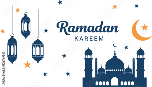 Ramadan Kareem greeting card vector illustration with mosque silhouette hanging lanterns crescent moon and stars on white background.