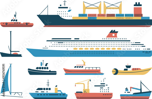 Cartoon Ships and Boats  Yachts, Cargo and Ocean Liners Vector Set