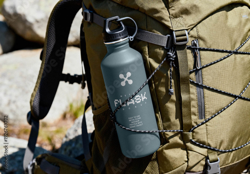 Metal Flask Mockup on Hiking Backpack