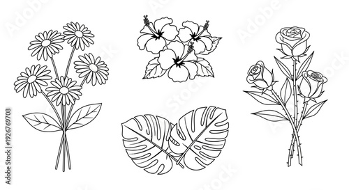 Set of simple black and white flower illustrations.