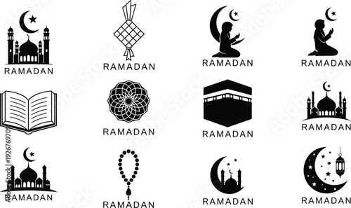 Modern Flat Eid Banners, Bold Ramadan Silhouettes, Intricate Mosque Line Art, and Comprehensive Lifestyle UI Icons