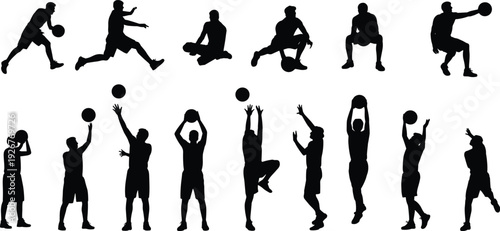 Large collection of black silhouettes featuring male basketball players dribbling shooting jumping and passing balls isolated on white background for sports and athletic competition