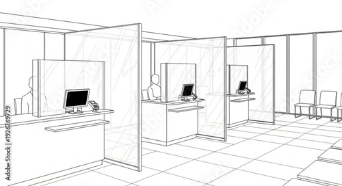 Office cubicles sketched in black and white.